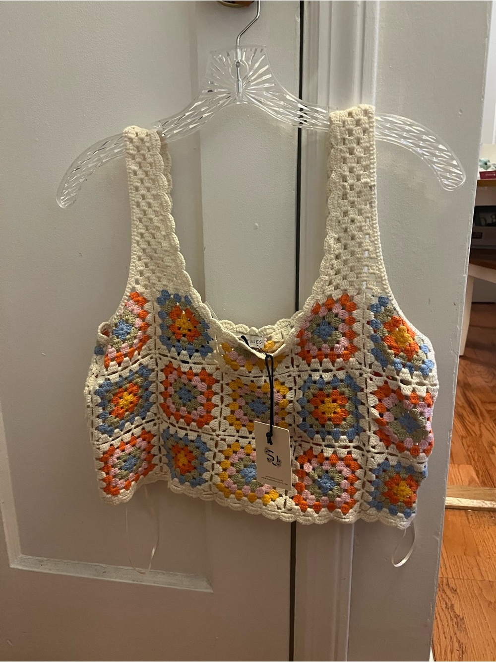 NWTs Handmade Crochet Floral Square Tank Top - Cream with Multicolor Accents